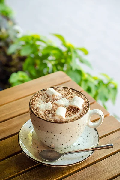 Grande Tazza Bianca Piattino Con Cucchiaio Con Cacao Marshmallow Erge — Foto Stock