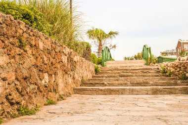 Sarı merdivenli taş duvarlı