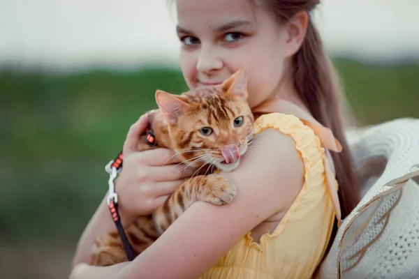 Holka Drží Náručí Kočku Bengálské Kotě Dítě Kočkou — Stock fotografie