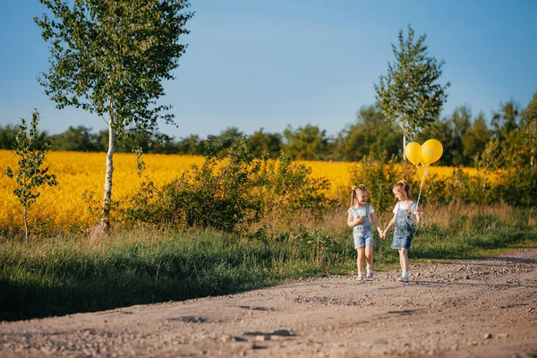 Děti Procházejí Krásnou Krajinou Žlutým Polem Kvetoucího Řepkového Semínka — Stock fotografie
