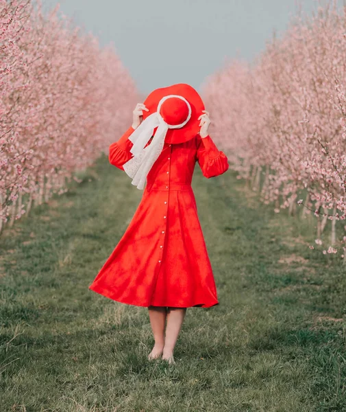 Kırmızı elbiseli ve kırmızı şapkalı bir kadın bahçede yürüyor. Doğada bir yürüyüş. Bahar tatili.