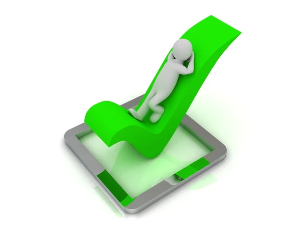 3d small man lying in a check mark — Stock Photo, Image