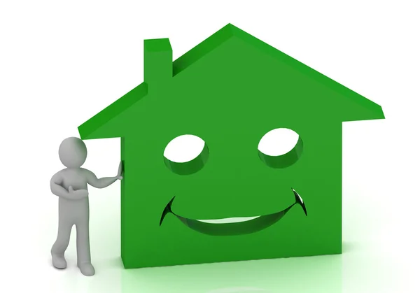 3D Маленький чоловік запрошує свого усміхненого зеленого будинку — стокове фото