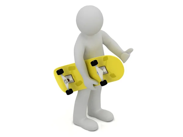 3D man bär i sin hand en gul skateboard — Stockfoto