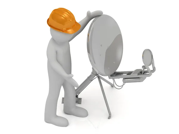 3D Mann mit orangefarbenem Helm justiert die Satellitenschüssel — Stockfoto