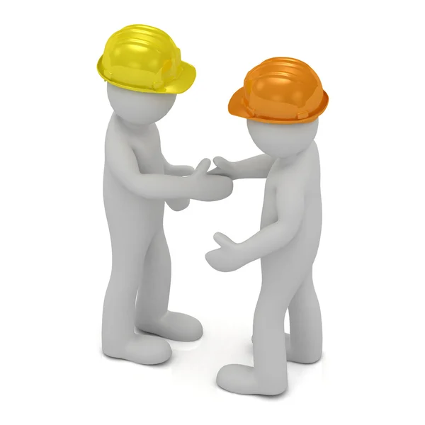 Two construction workers in hard hats shaking hands — Stock Photo, Image