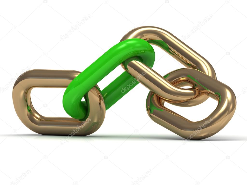 Gold chain link with a green plastic on a white background