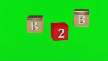 yeşil ekran. B2B yazıt beyaz harfler kırmızı ve altın küpleri havada döner