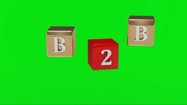 緑色の画面。金と赤のキューブに対して、空気中で回転 b2b 碑文ホワイト文字 — ストック動画