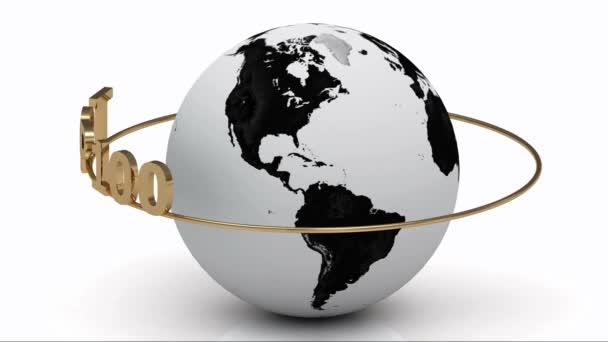 Rotating earth and the inscription gold lettering TOP 100 around the earth on a gold ring — Stock Video