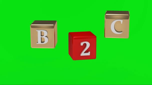 Green screen. B2C inscription white letters on gold and red cubes rotating in the air — Stock Video