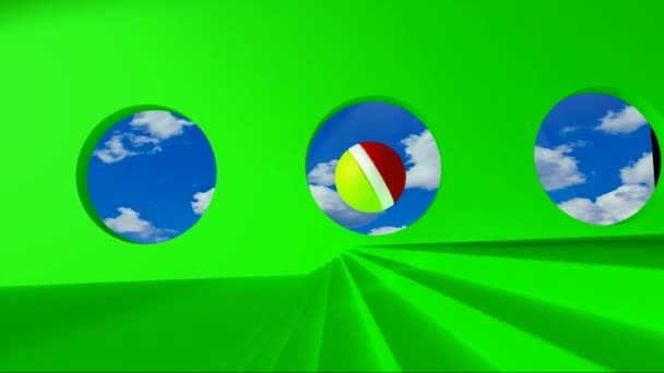 Green screen. Yellow-red ball rolls on the green room by passing clouds for round windows and stumbles upon the golden word webinar — Stock Video