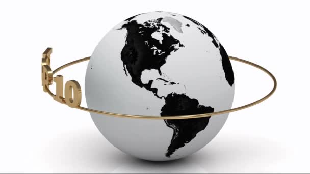 Rotating earth and the inscription gold lettering TOP 10 around the earth on a gold ring — Stock Video