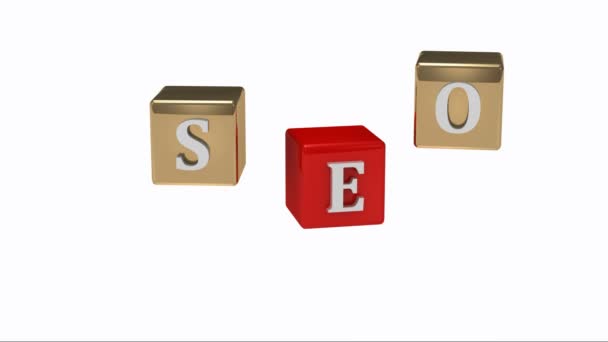Inscripción SEO letras blancas sobre cubos dorados y rojos girando en el aire — Vídeos de Stock
