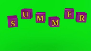 yeşil ekran. Yaz yazıt leylak küpleri havada döner parlak sarı harfler