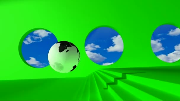 Pantalla verde. Globo blanco y negro rodando en la habitación verde pasando nubes para ventanas redondas y tropieza con la palabra de oro Política . — Vídeo de stock