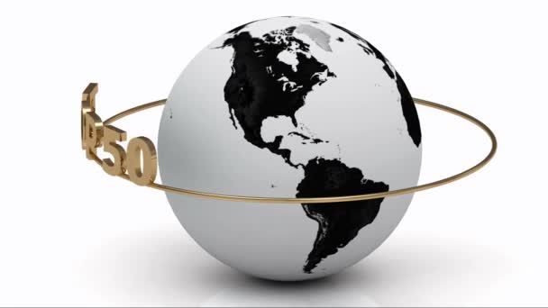 Rotating earth and the inscription gold lettering TOP 50 around the earth on a gold ring. — Stock Video