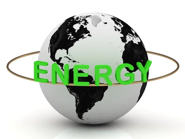 Green energy on a gold ring rotates around the earth — Stock Photo, Image