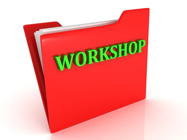 WORKSHOP bright green letters on a red folder — Stock Photo, Image