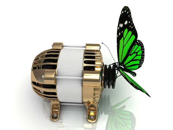 Green butterfly sits on a pulley gold generator — Stock Photo, Image