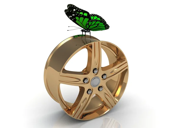 Green butterfly sits under the gold rims — Stock Photo, Image
