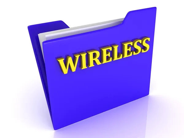 WIRELESS bright gold letters on a blue folder with papers — Stock Photo, Image