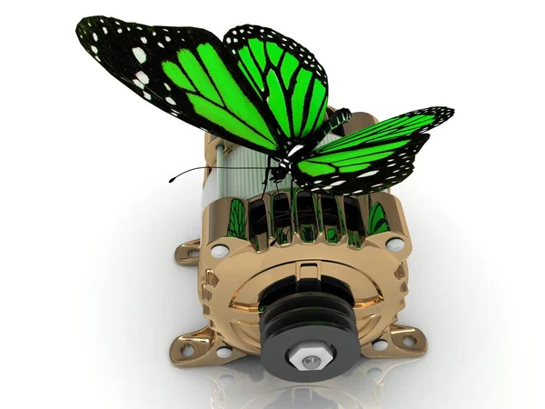 Big green butterfly sits on a pulley gold generator — Stock Photo, Image