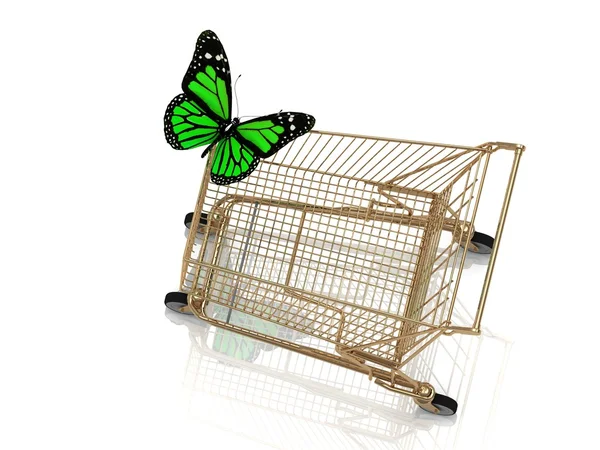 Big green butterfly flew to the basket — Stock Photo, Image