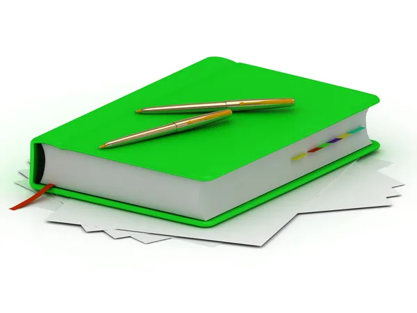 Green notebook and two gold pens — Stock Photo, Image