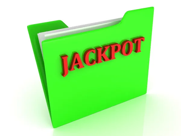 Jackpot ljusa röda bokstäver på en grön mapp med papper — Stockfoto