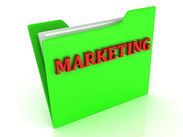 Marketing de letras vermelhas brilhantes em uma pasta verde com papéis — Fotografia de Stock