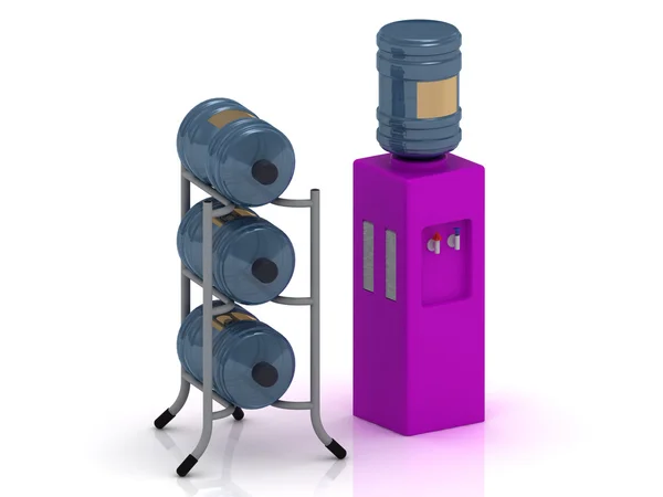 Lilac water cooler with bottles — Stock Photo, Image