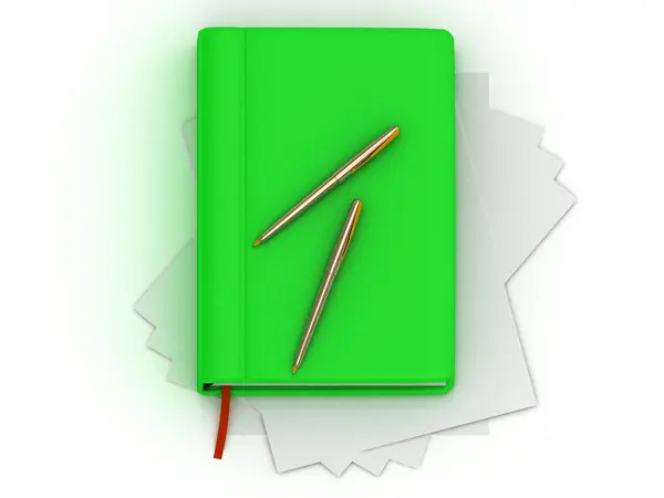 Green organizer and two gold pens — Stock Photo, Image