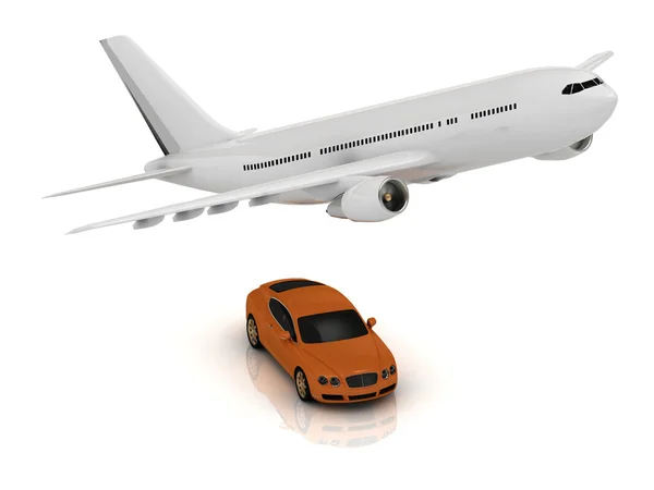 Weißes Passagierflugzeug und orangefarbenes Auto — Stockfoto