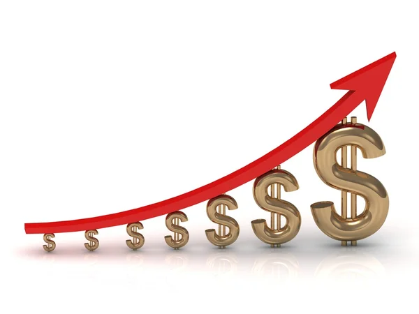 Illustration of the growth of the golden dollar with a red arrow — Stock Photo, Image