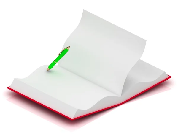Ανοίξτε το σημειωματάριο στην κόκκινη κάλυψη με ένα πράσινο στυλό — Φωτογραφία Αρχείου