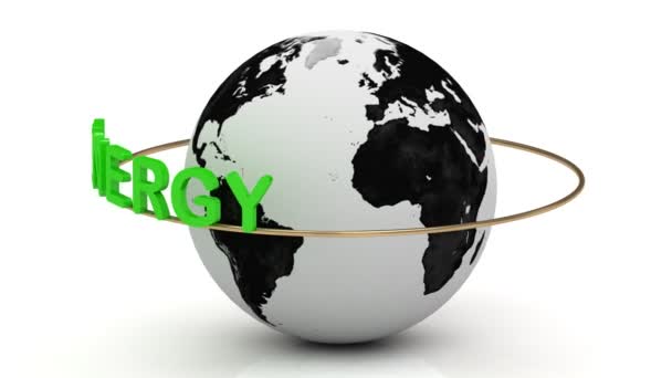 Green energy on a gold ring rotates around the earth — Stock Video