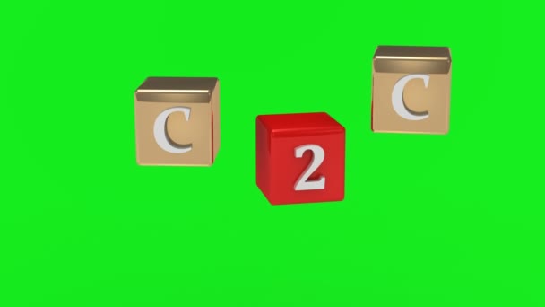Zöld képernyő. C2C felirat fehér betűk a levegőben forgó arany és piros kocka — Stock videók