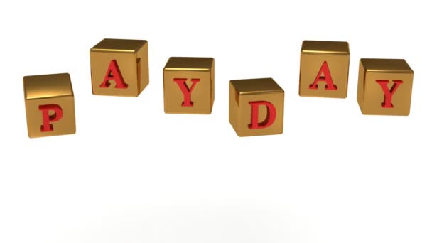 Надпись PAYDAY красные буквы на золоте в воздухе вращающихся кубиков — стоковое видео