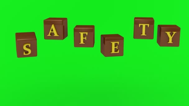 Pantalla verde. INSCRIPCIÓN DE SEGURIDAD letras amarillas brillantes en cubos giratorios de chocolate . — Vídeos de Stock