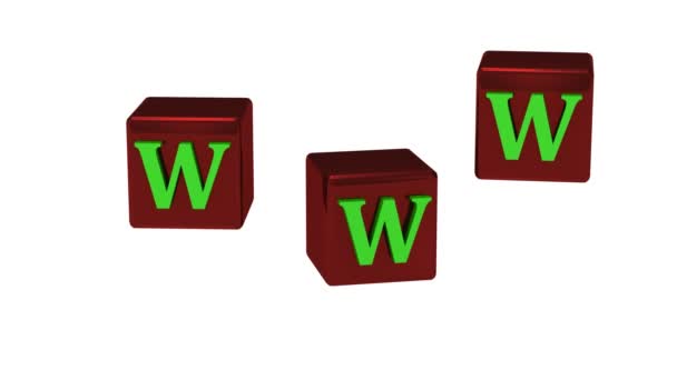 WWW inscription with bright green letters on copper red dice rotating — Stock Video