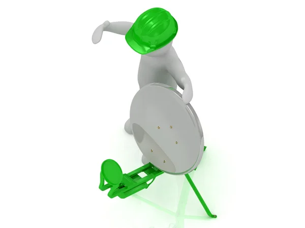 3D człowieka w zielony kask dostosowuje zielony satelity — Zdjęcie stockowe