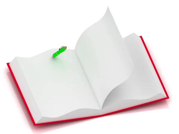Ανοίξτε το σημειωματάριο στην κόκκινη κάλυψη με ένα πράσινο στυλό — 图库照片