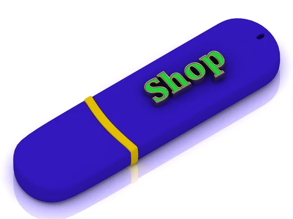 Shop - inscription on blue USB flash drive — Stock Photo, Image