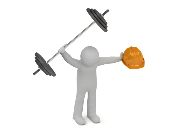 3d man keeps in hands barbell and building helmet — Stock Photo, Image