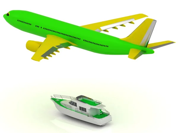 Green passenger airliner and green boat — Stock Photo, Image