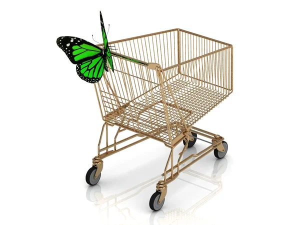 Shopping gold trolley in high definition and green butterfly — Stock Photo, Image