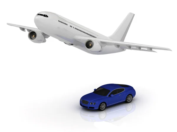 Avión de pasajeros y coche azul — Foto de Stock