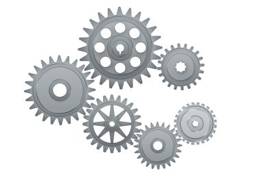 Çelik cogwheels beyaz bir arka plan üzerinde bir dizi.