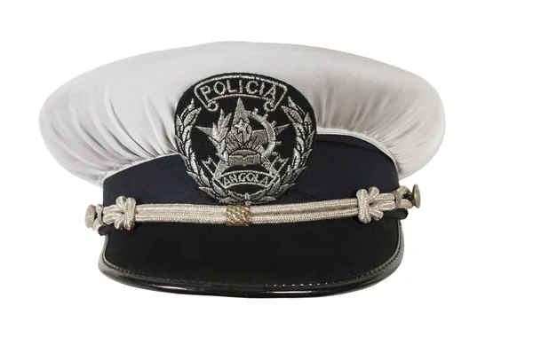 Αστυνομία καπέλο, σε λευκό φόντο την Αγκόλα αστυνομικού — Φωτογραφία Αρχείου
